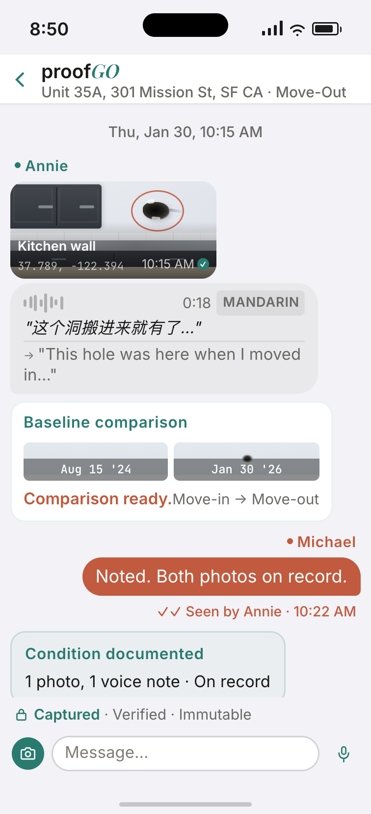 proofGO move-out conversation with photo, voice note, and baseline comparison